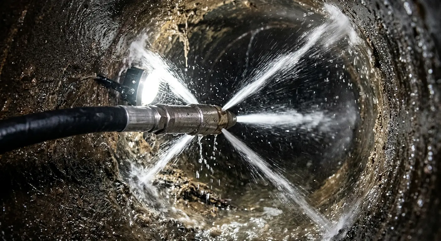High-pressure hydro jetting nozzle cleaning sewer pipe for Emergency Drain Service in Plattekill