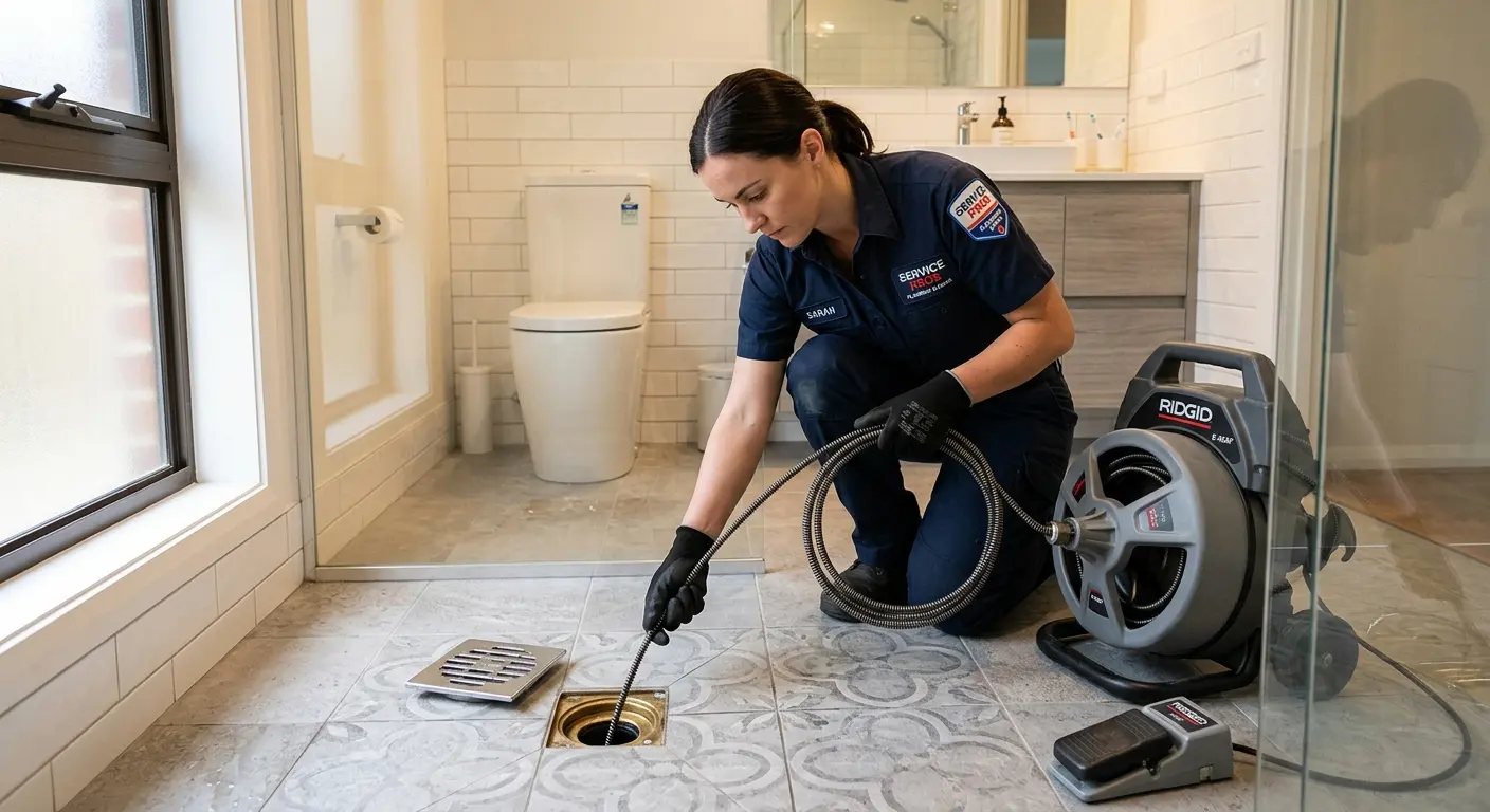 Technician clearing a bathroom floor drain for Drain Cleaning in Plattekill